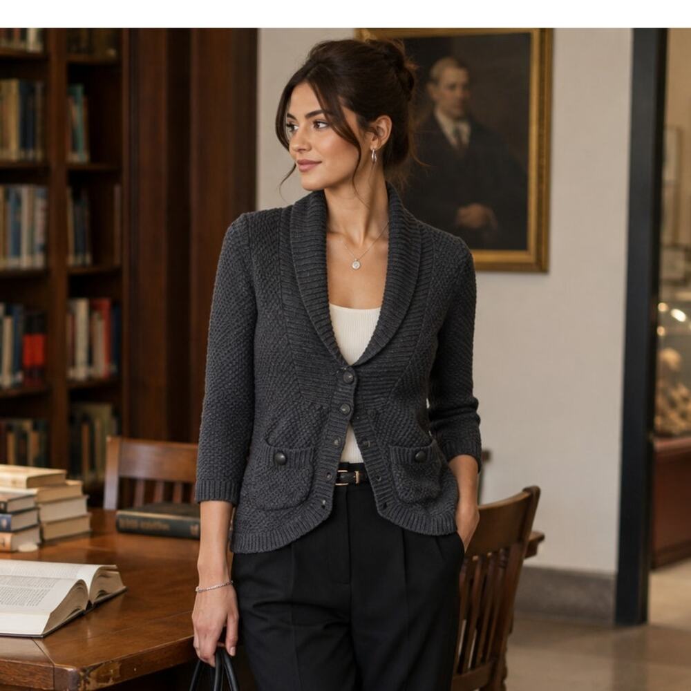 Charcoal Gray Textured Knit Cardigan XS Shawl Collar 3/4 Sleeve Preppy Jacket